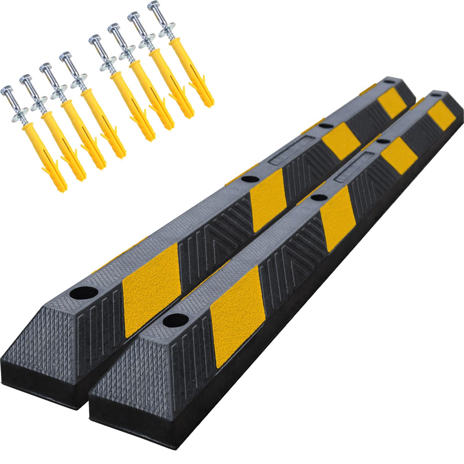 Rubber wheel stoppers with reflective yellow stripes